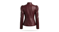 A dark burgundy faux leather jacket with puffed sleeves, shown from the back on a white background.
