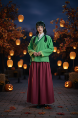 A person wearing a traditional-style outfit stands outdoors at night in a garden or alley lined with glowing lanterns and pumpkins. The outfit has a bright green upper section with wide sleeves and a deep burgundy skirt, with a white collar visible at the neckline.