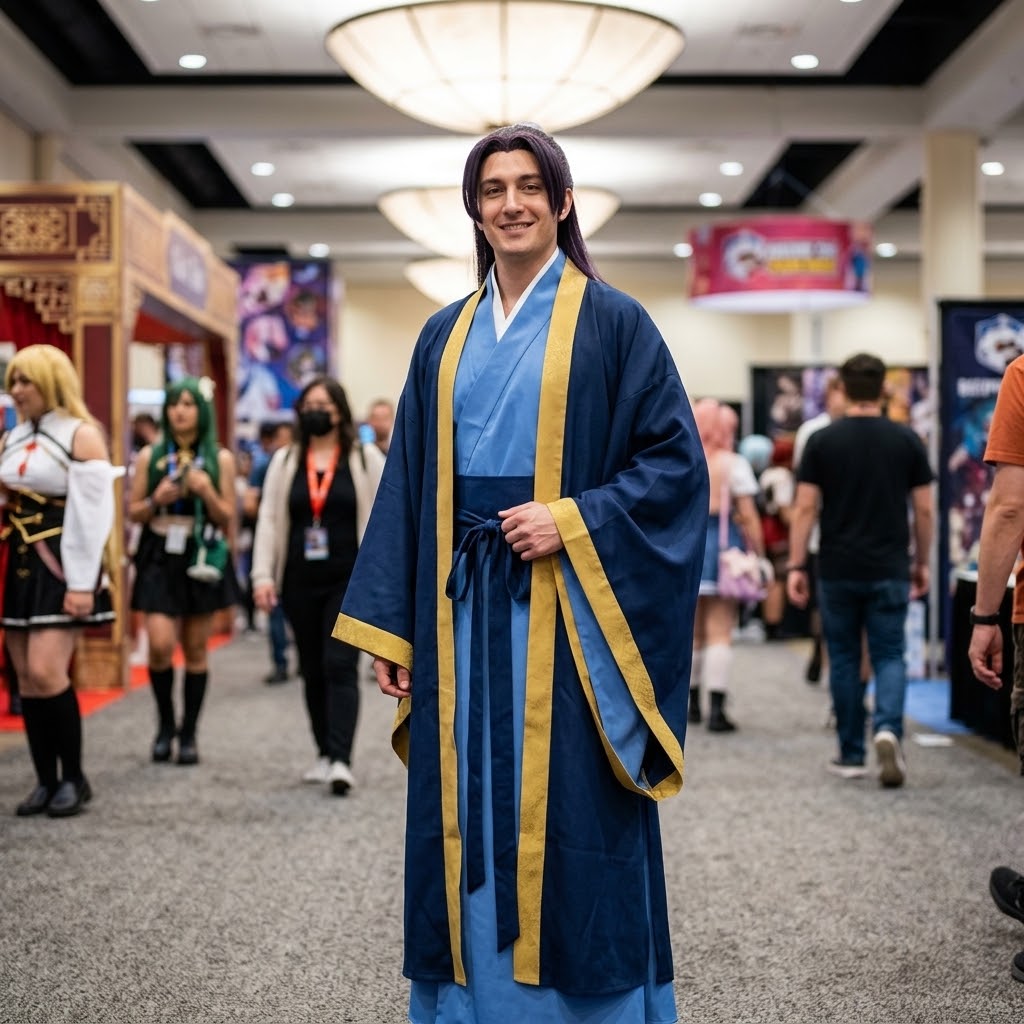 A man wearing a blue and gold traditional Japanese-inspired cosplay robe stands in a crowded convention hall, with other attendees and booths blurred in the background.