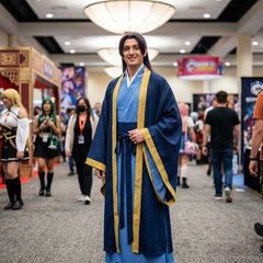A man wearing a blue and gold traditional Japanese-inspired cosplay robe stands in a crowded convention hall, with other attendees and booths blurred in the background.