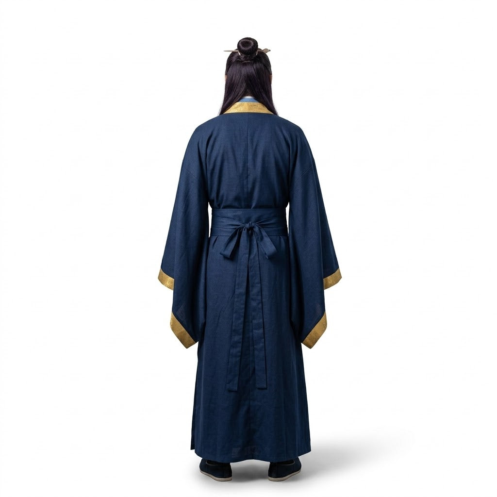 A person viewed from the back wearing a long navy blue robe with gold trim at the collar, sleeve cuffs, and hem, tied at the waist, against a plain white background.