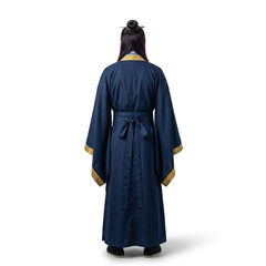 A person viewed from the back wearing a long navy blue robe with gold trim at the collar, sleeve cuffs, and hem, tied at the waist, against a plain white background.