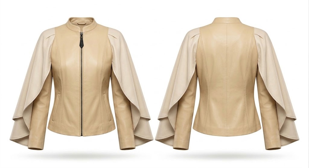 A beige faux-leather jacket shown from both the front and back views. The jacket features a high collar, a central black zipper on the front, and dramatic draped cape sleeves that extend over the shoulders.