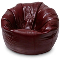 A round, deep burgundy leather bean bag chair with a glossy finish, photographed on a solid white background.