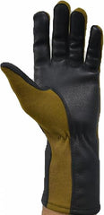 A single leather work glove shown on a plain white background, with a black leather back and fingers and an olive green suede palm and wrist panel.