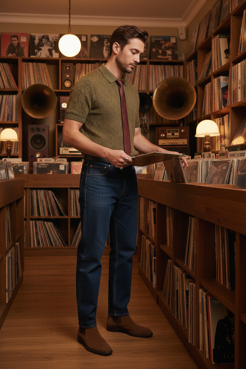 A man stands in a vintage record store aisle, wearing a textured olive green short-sleeve shirt, a dark red tie, blue jeans, and brown boots while looking at vinyl records on a wooden shelf.