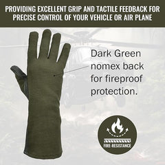 Dark green glove with fire resistance label on a blurred background