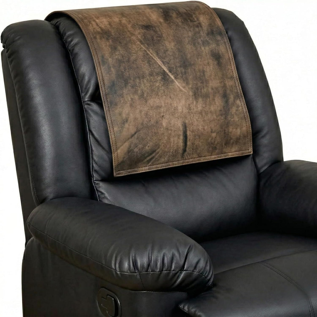 A brown distressed faux-leather headrest pillow cover draped over the backrest of a black leather recliner chair, shown against a plain white background.