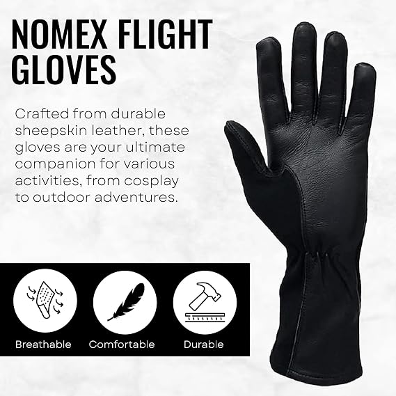 Black Nomex flight glove with text on durability, comfort, and breathability on a white background.