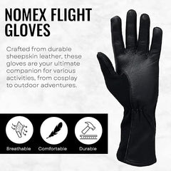 Black Nomex flight glove with text on durability, comfort, and breathability on a white background.