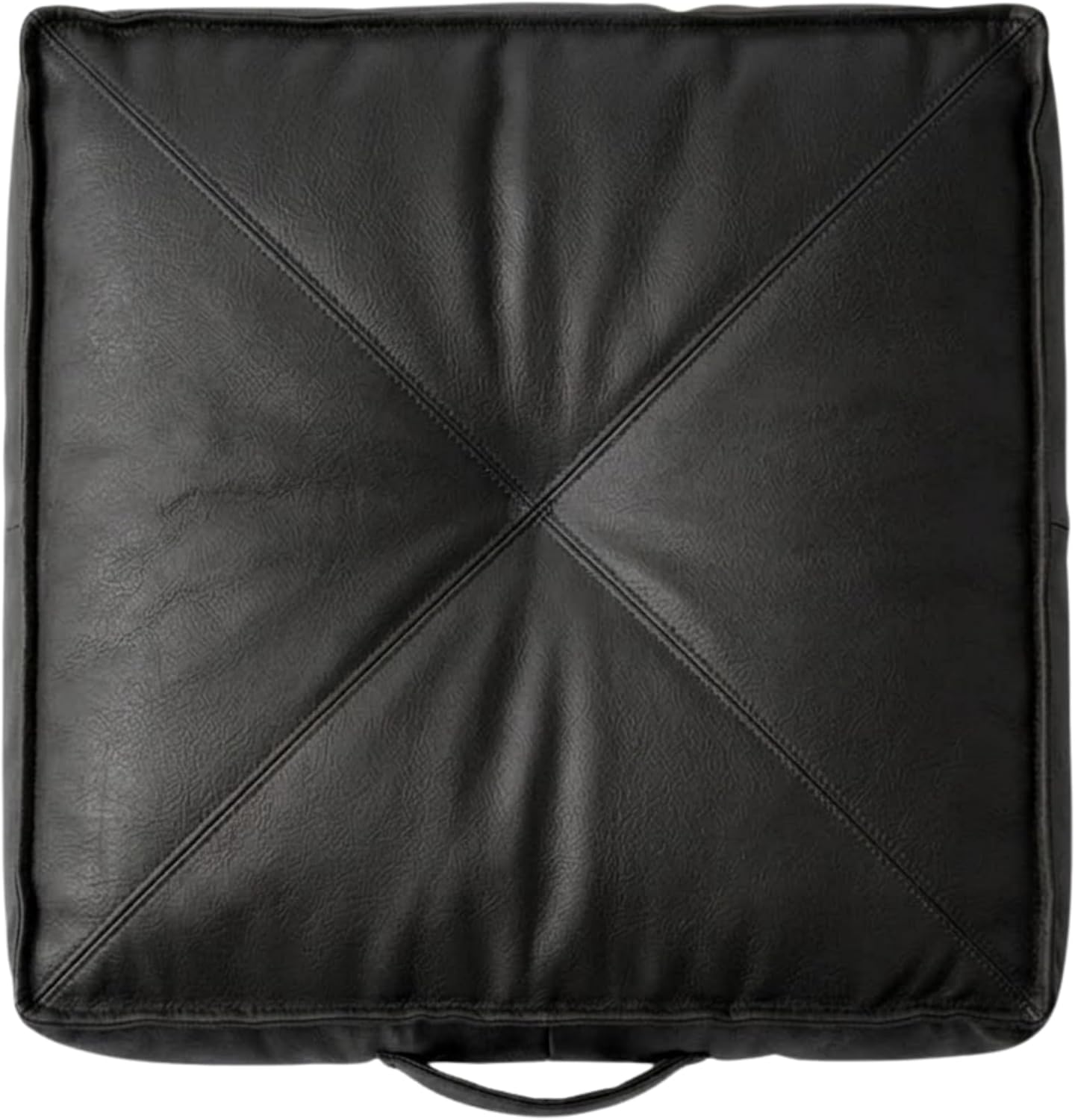 A square black -leather or leather cushion with diagonal stitched lines forming an X pattern in the center, shown from a top-down view on a white background.