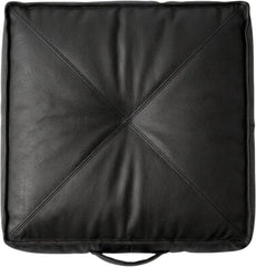 A square black -leather or leather cushion with diagonal stitched lines forming an X pattern in the center, shown from a top-down view on a white background.