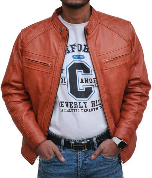 Men's Brown Biker Motorcycle Style Genuine Lambskin Leather Jacket