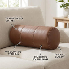 Genuine Lambskin Leather Bolster Cylinder Pillow Cover – Stitched Design