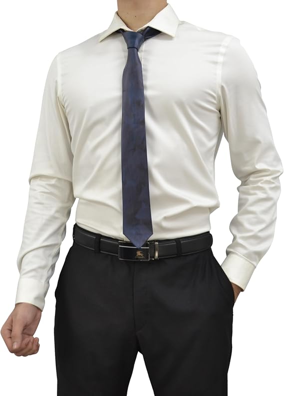 A man wearing a white long-sleeve dress shirt, a dark blue patterned tie, and black dress pants with a black belt, shown from the neck down on a white background.