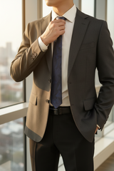 A man wearing a tailored suit in a bright indoor setting near large windows. The suit features a color-blocked design with a dark charcoal gray right side and a warm tan/beige left side, paired with a white dress shirt and a textured navy blue tie.