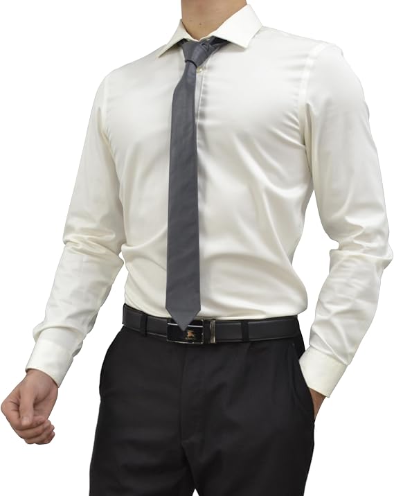 A man wearing a white long-sleeve dress shirt, a dark gray tie, and black dress pants with a black belt, shown from the neck down on a plain white background.