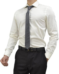 A man wearing a white long-sleeve dress shirt, a dark gray tie, and black dress pants with a black belt, shown from the neck down on a plain white background.