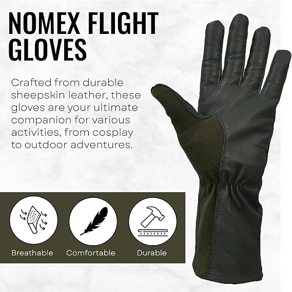 A dark olive green Nomex flight glove shown on a light gray background with promotional text and feature icons. The text highlights durable sheepskin leather construction and mentions use for activities from cosplay to outdoor adventures.