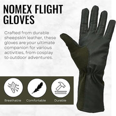 A dark olive green Nomex flight glove shown on a light gray background with promotional text and feature icons. The text highlights durable sheepskin leather construction and mentions use for activities from cosplay to outdoor adventures.