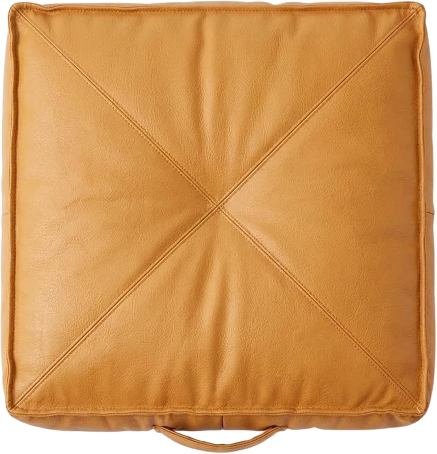A square tan -leather floor cushion with a stitched X design in the center and a loop handle at the bottom, shown on a plain white background.