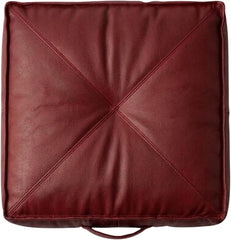 A square burgundy leather or -leather floor cushion with a stitched diamond pattern on the top, shown against a plain white background.