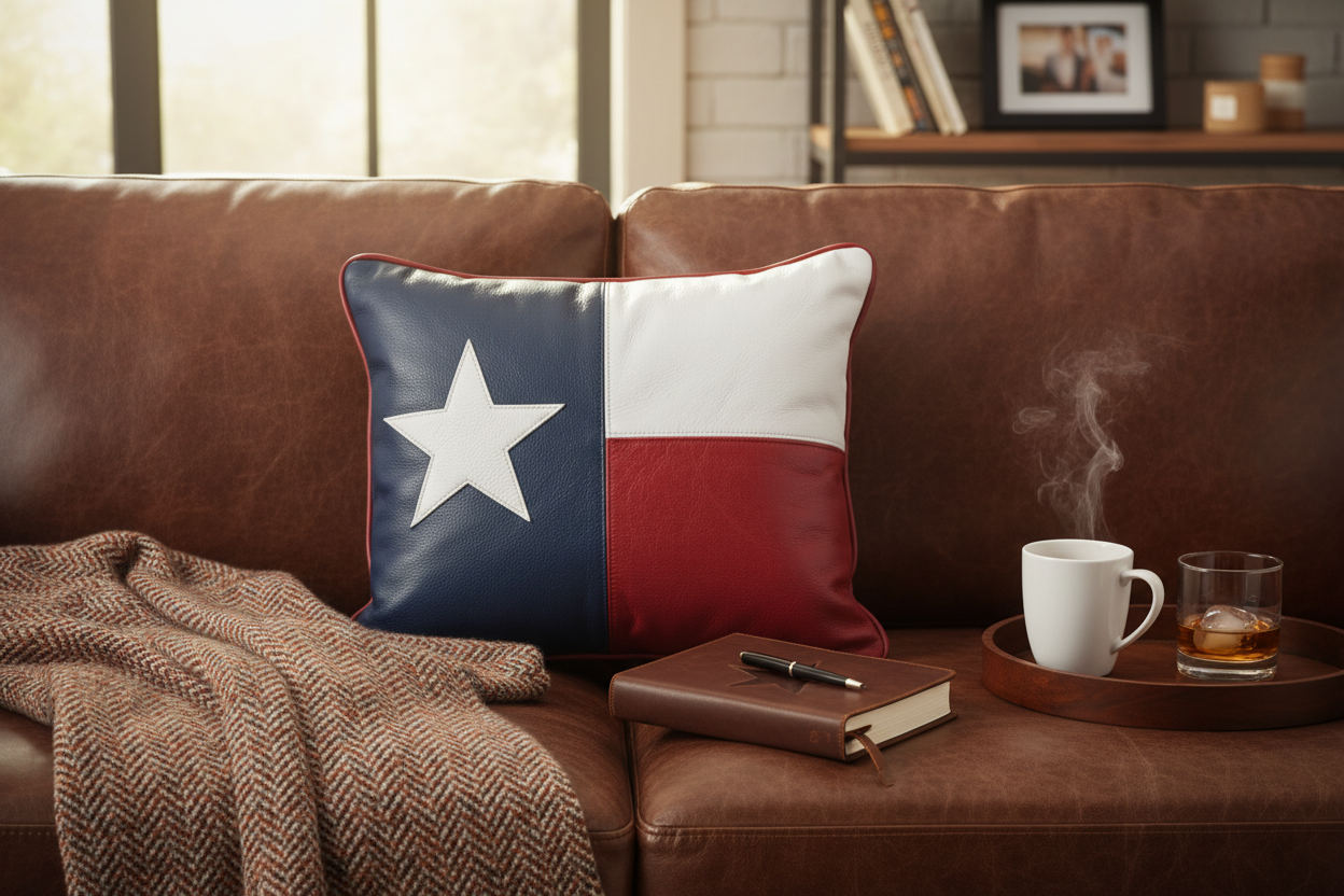 A square throw pillow featuring the Texas state flag design, styled on a brown leather couch next to a brown herringbone throw blanket, a closed brown book with a pen, and a coffee mug on a tray.