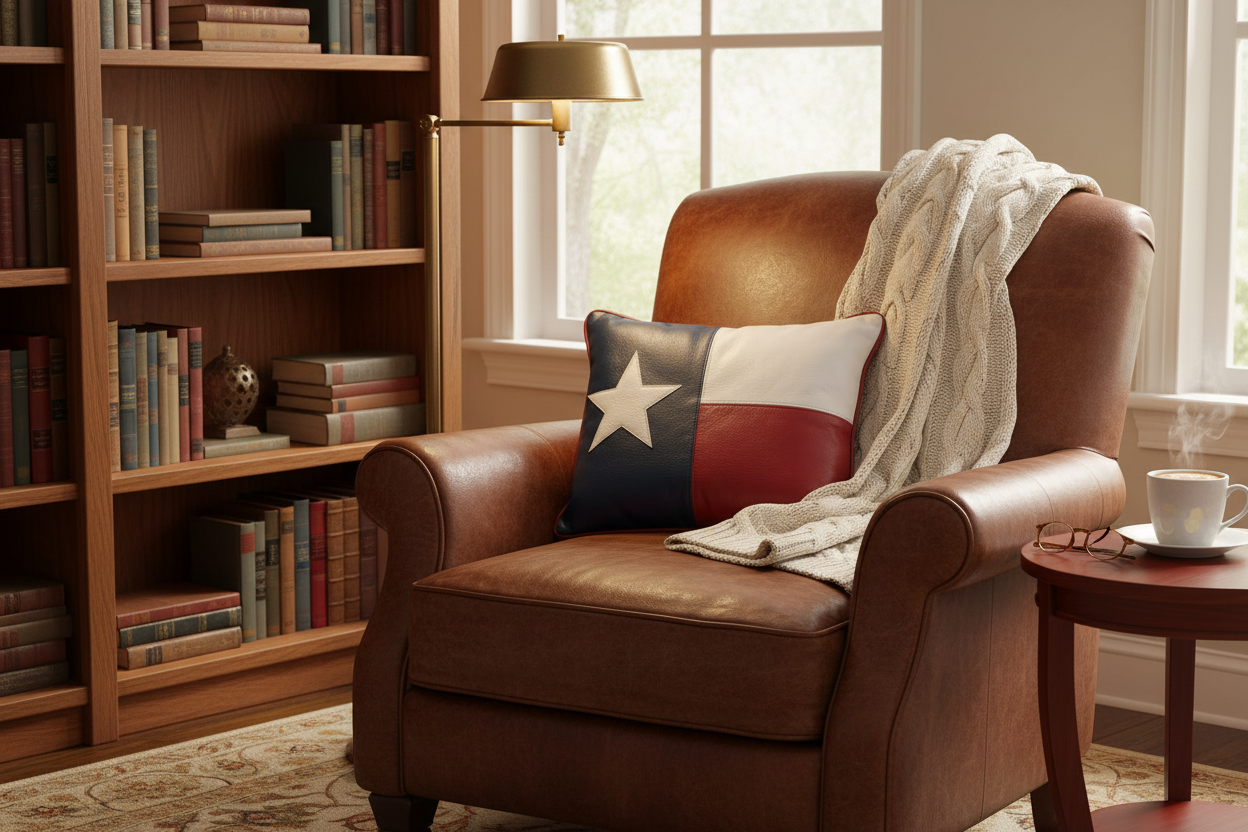 A brown leather armchair in a cozy room setting, featuring a Texas flag throw pillow and a cream knit blanket draped over the seat. A wooden bookshelf, floor lamp, and side table with a cup are visible in the background.