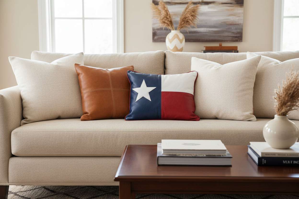 A beige fabric sofa in a bright living room setting, styled with cream throw pillows, a brown leather accent pillow, and a Texas flag themed decorative pillow. A dark wood coffee table with books and a vase is in the foreground.