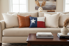 A beige fabric sofa in a bright living room setting, styled with cream throw pillows, a brown leather accent pillow, and a Texas flag themed decorative pillow. A dark wood coffee table with books and a vase is in the foreground.
