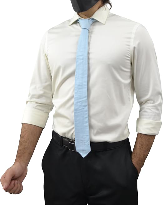 A man wearing a light blue necktie with a cream dress shirt and black trousers, shown from the neck down against a plain white background.