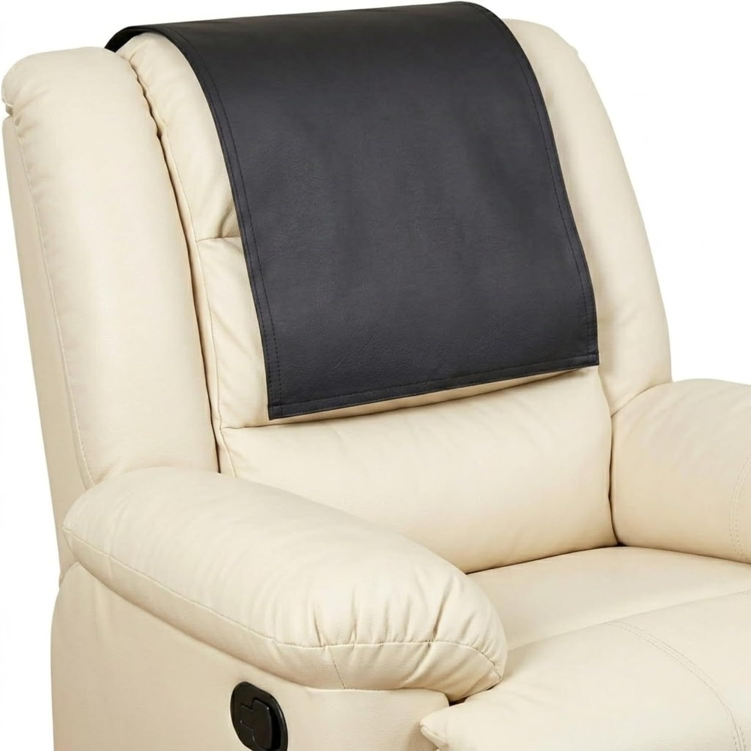 A cream-colored leather recliner chair with a black faux-leather headrest cover, shown against a plain white background.