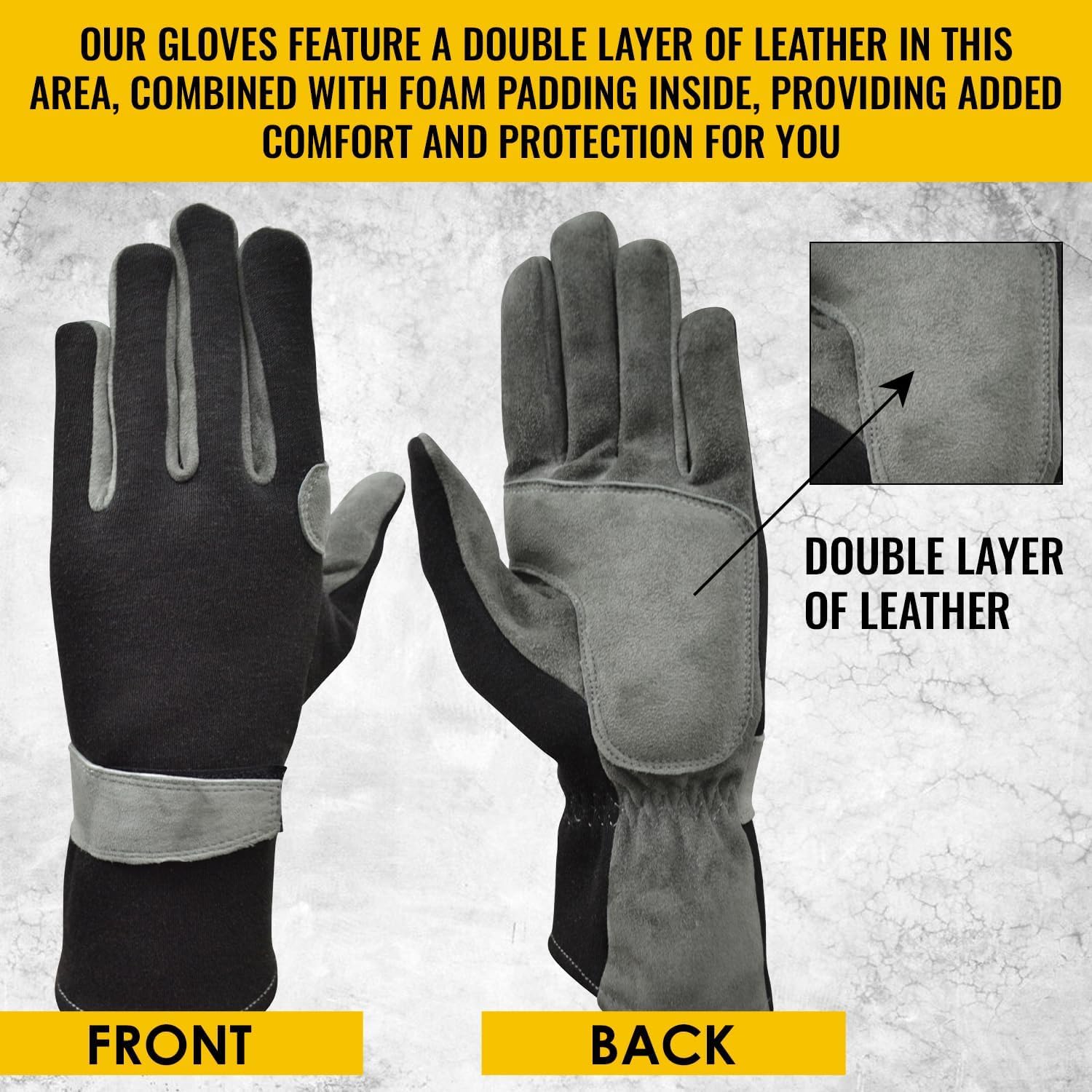 A pair of black and gray work gloves shown front and back on a light textured background, with a callout inset highlighting the double layer of leather and foam padding. Text at the top and bottom describes the glove features.