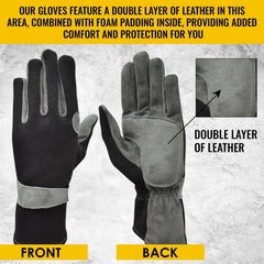 A pair of black and gray work gloves shown front and back on a light textured background, with a callout inset highlighting the double layer of leather and foam padding. Text at the top and bottom describes the glove features.