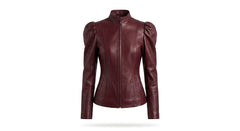 A women's structured leather jacket in deep burgundy, featuring a high mock neck, front zipper, and dramatic puffed sleeves, shown on a plain white background.
