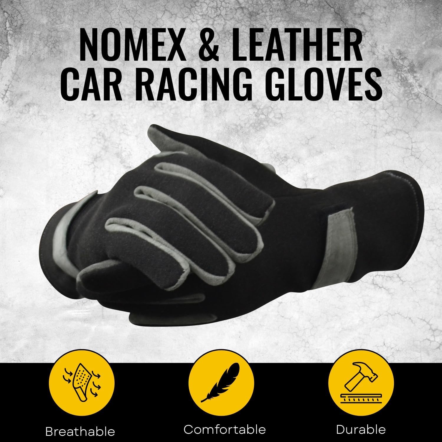 Black and gray racing gloves with a textured gray background and bold text reading 'NOMEX & LEATHER CAR RACING GLOVES.' Three yellow circular icons at the bottom highlight features: breathable, comfortable, and durable.