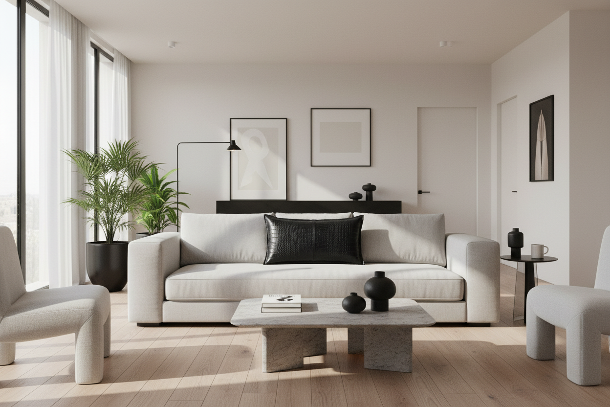 A modern living room featuring a light beige sofa with a black accent pillow, a low concrete coffee table, and a large potted plant near tall windows with sheer curtains.