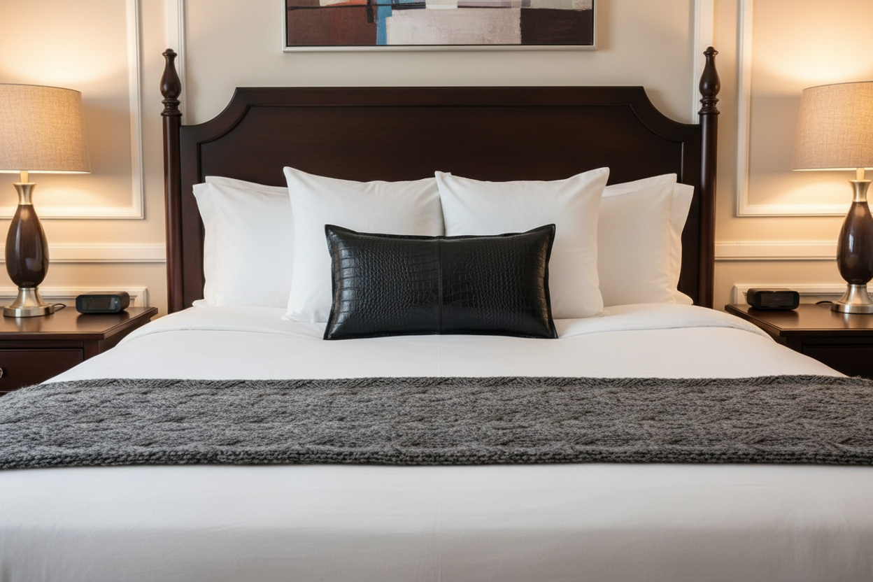 A neatly made bed in a hotel-style room, featuring white linens, a dark wood headboard, a textured dark gray throw blanket, a black textured accent pillow, white pillows, and matching bedside lamps.