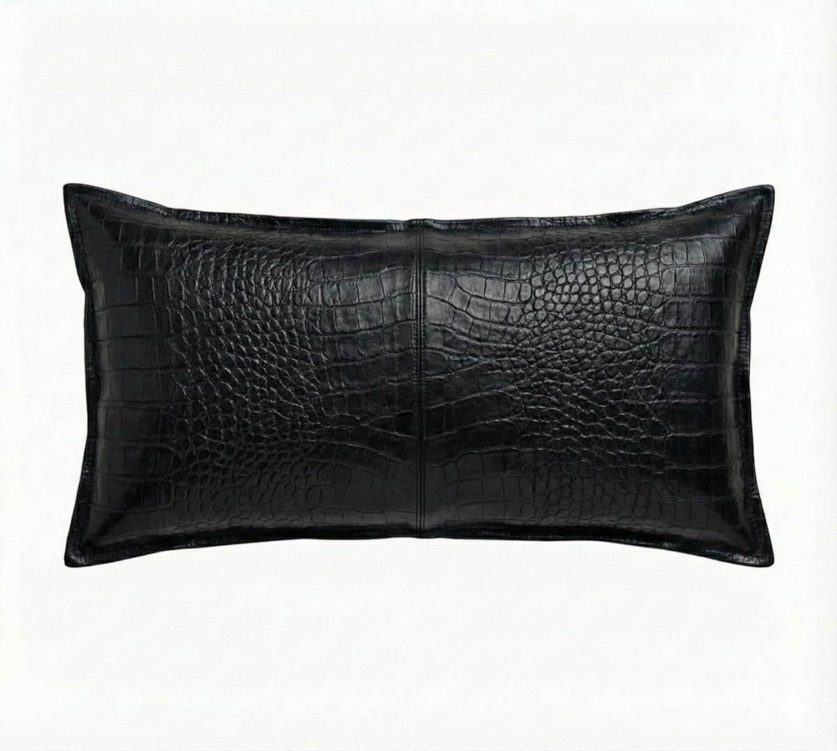 A rectangular black -crocodile leather lumbar pillow with a glossy textured finish, shown against a plain white background.