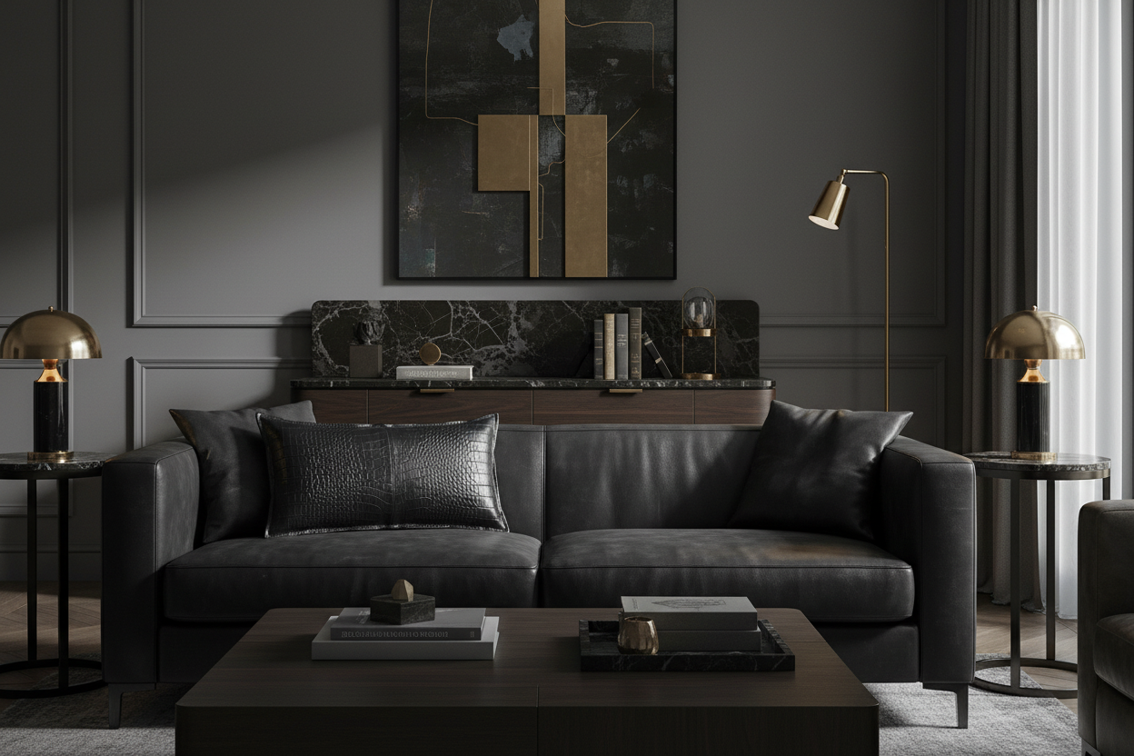 A dark leather sofa in a moody, modern living room setting with a dark wood coffee table, gold table lamps, a marble console, and a large abstract art piece on the wall.