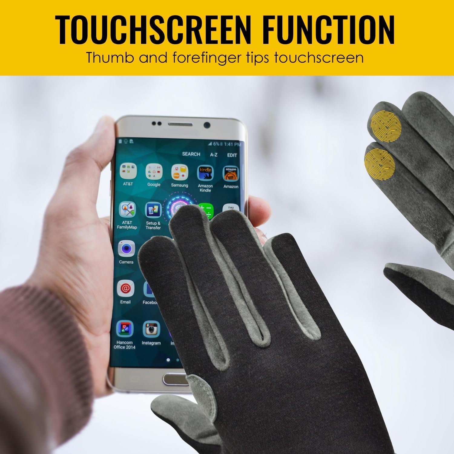Person using a smartphone with touch screen gloves on a blurred background