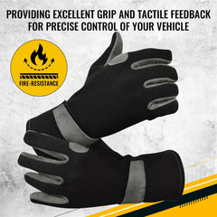 A pair of black and gray gloves shown on a textured light background with promotional text at the top and a yellow fire-resistance badge. The gloves appear to be the product being sold, with no person or real environment present, so this is Product/Packaging rather than Lifestyle.