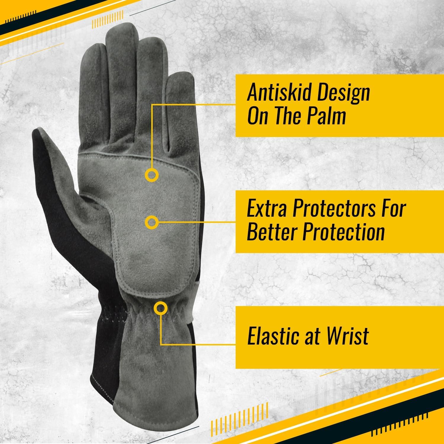 A single protective work glove shown on a light textured background with yellow callout boxes and text highlighting features: antiskid design on the palm, extra protection panel, and elastic at the wrist.