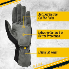 A single protective work glove shown on a light textured background with yellow callout boxes and text highlighting features: antiskid design on the palm, extra protection panel, and elastic at the wrist.