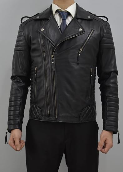 A man wearing a black leather motorcycle jacket with quilted details, zippers, and shoulder epaulets, styled over a white shirt and blue tie.