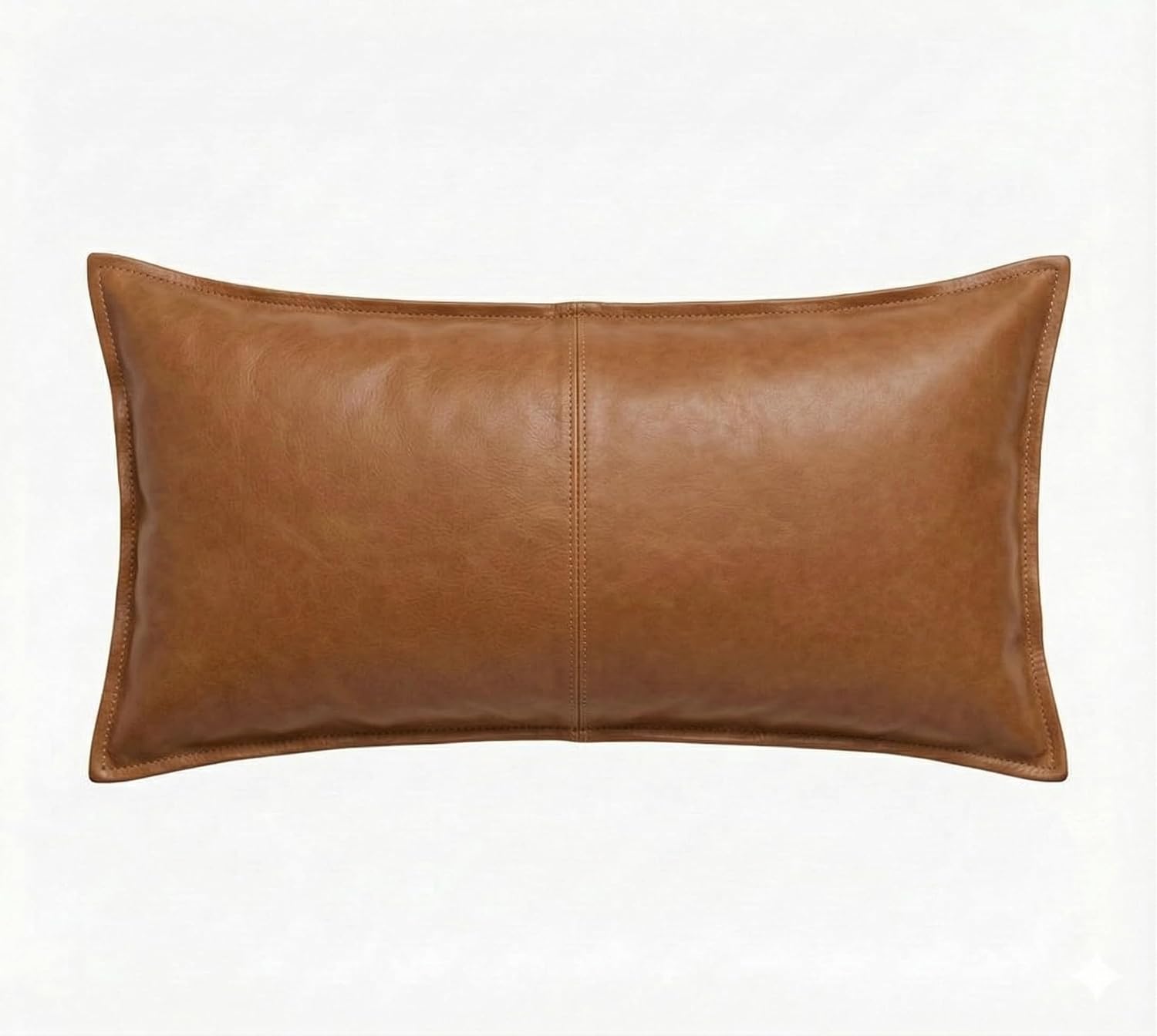 A rectangular tan leather lumbar pillow with a center seam, shown against a plain white background.
