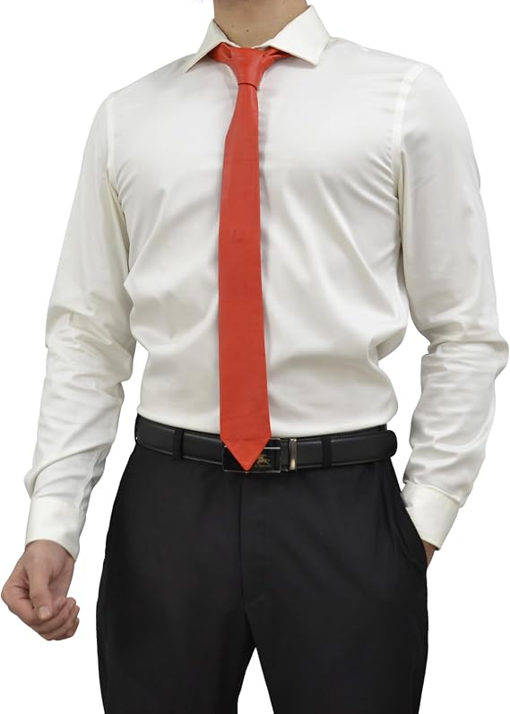 A man wearing a white long-sleeve dress shirt, a bright red tie, a black belt, and black trousers, shown from the neck down against a plain white background.