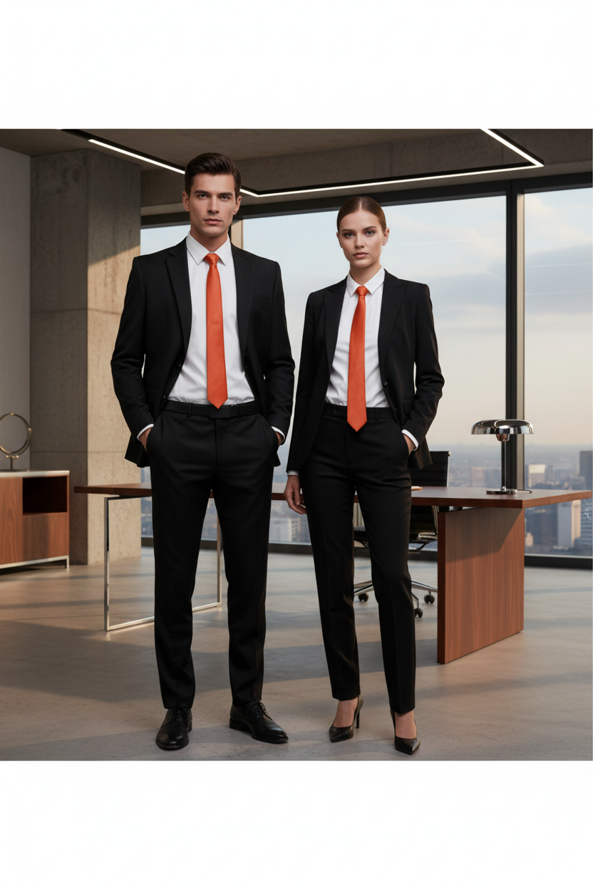 A man and a woman standing in a modern office setting, both wearing black business suits, white dress shirts, and bright orange ties.