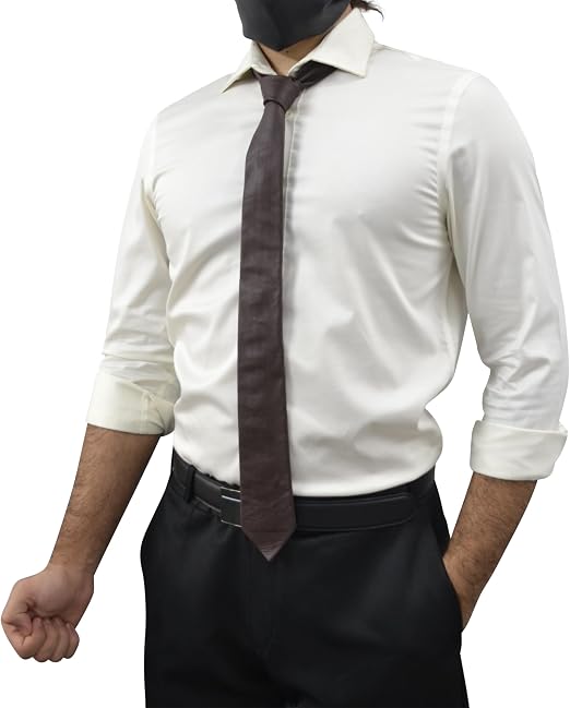 A man wearing a white long-sleeve dress shirt, a dark brown tie, and black trousers, shown from the neck down against a plain white background.