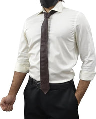 A man wearing a white long-sleeve dress shirt, a dark brown tie, and black trousers, shown from the neck down against a plain white background.